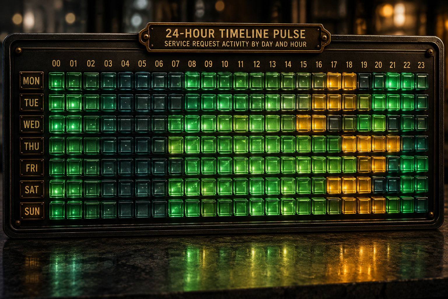 An architectural timeline display made of miniature illuminated glass blocks arranged in seven horizontal rows, each subdivided into 24 tiny square segments glowing green, dark slate, and amber.