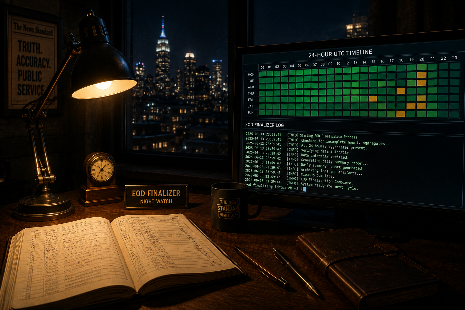 A quiet newsroom desk at midnight under a warm desk lamp with an open hand-bound ledger book next to a monitor displaying a 24-hour UTC timeline and EOD finalizer logs.