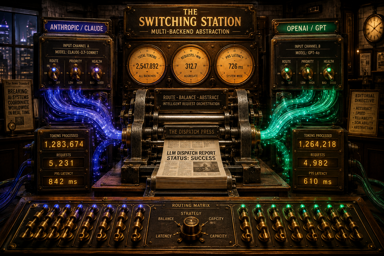 A retro-futuristic newsroom patch bay with glowing fiber optic conduits labeled Anthropic Claude and OpenAI GPT routing into a central dispatch printing press.