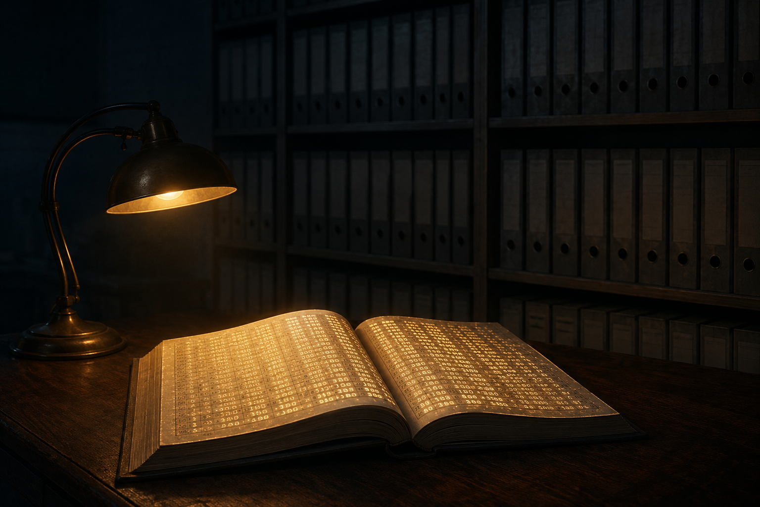 An old ledger book lies open on a wooden desk under a single lit brass lamp, its pages filled with glowing rows of numbers. Behind it, rows of identical unlit binders recede into darkness on tall shelves.