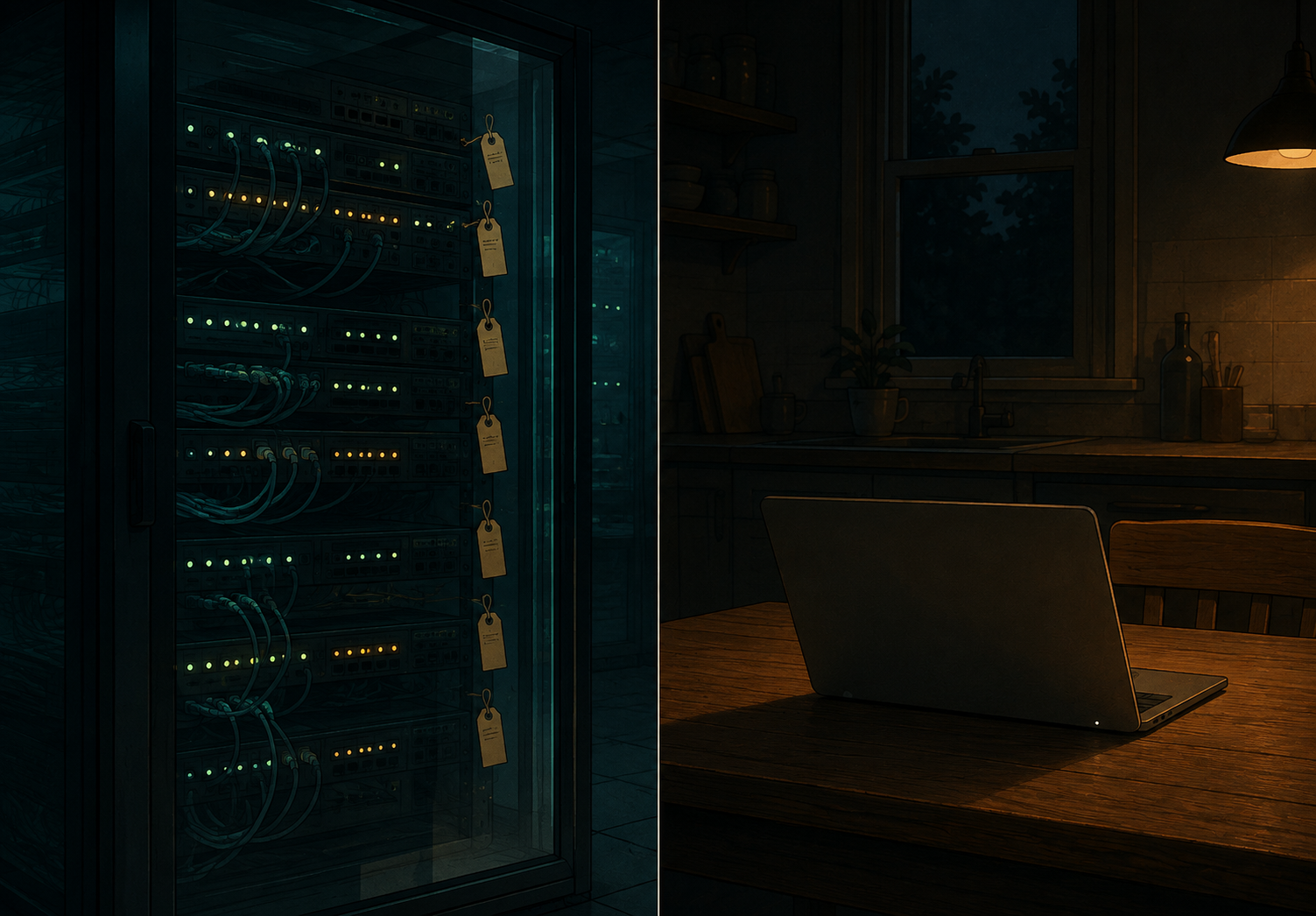 Split image: on the left, a server rack behind glass, its cables neatly bundled and each one carrying a small paper tag; on the right, a laptop sitting closed and unlabeled on a dark kitchen table at night, lit only by a single small indicator light.