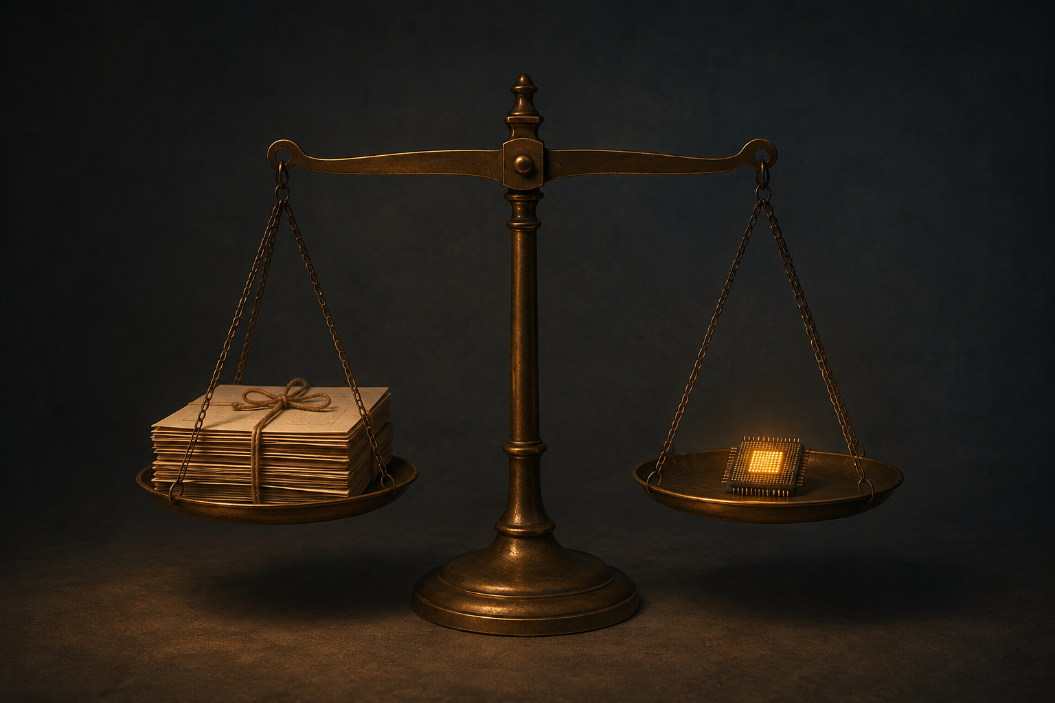 A brass balance scale stands level: one pan holds a small bundle of paper documents tied with string, the other holds a single computer chip lit from within with a warm glow.